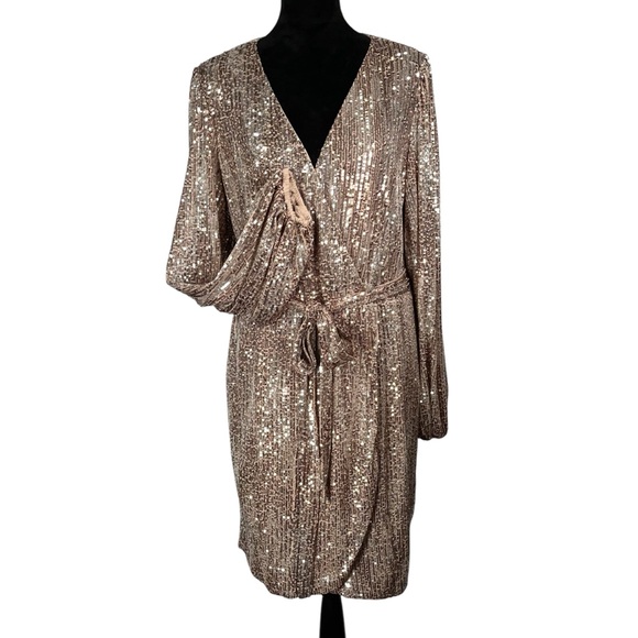 Venus Beige Sequin Cocktail Dress Faux Wrap Tan Metallic V-Neck Balloon Sleeves - Picture 7 of 17